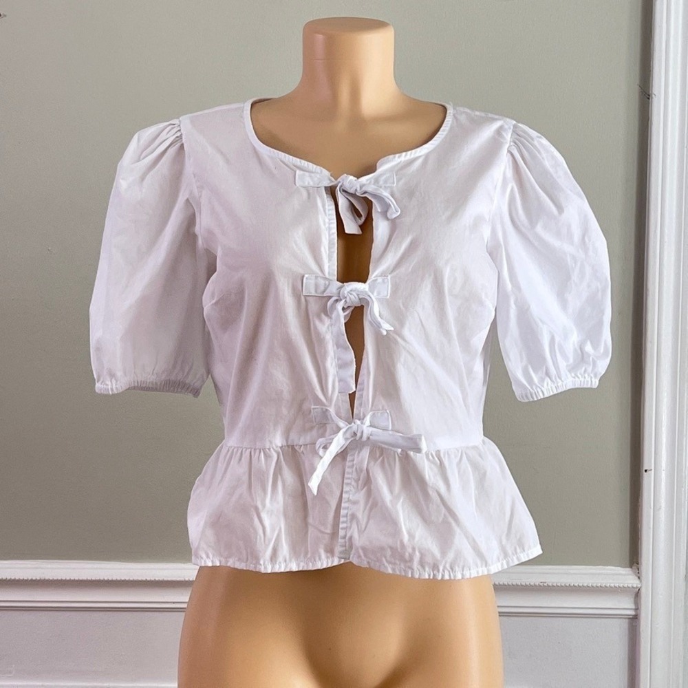 Japna Tie Front Blouse Womens Large‎ Puff Sleeve Peplum White Coquette Romantic